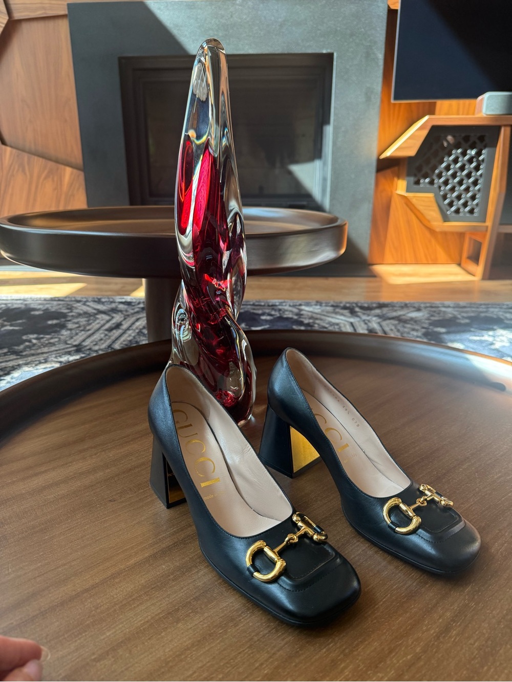 Gucci Black Leather Horsebit Block Heels